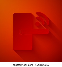 Paper cut Digital door lock with wireless technology for unlock icon isolated on red background. Door handle sign. Security smart home. Paper art style. Vector Illustration