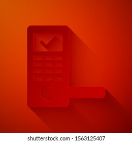 Paper cut Digital door lock with wireless technology for unlock icon isolated on red background. Door handle sign. Security smart home. Paper art style. Vector Illustration