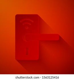 Paper cut Digital door lock with wireless technology for unlock icon isolated on red background. Door handle sign. Security smart home. Paper art style. Vector Illustration
