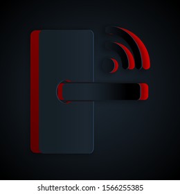 Paper cut Digital door lock with wireless technology for unlock icon isolated on black background. Door handle sign. Security smart home. Paper art style. Vector Illustration