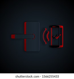 Paper cut Digital door lock with wireless technology for unlock icon isolated on black background. Door handle sign. Security smart home. Paper art style. Vector Illustration