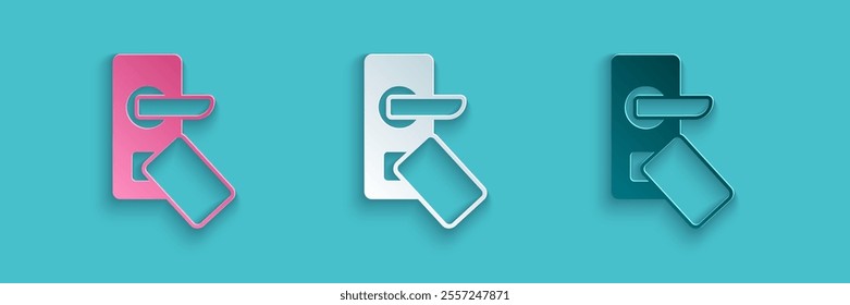 Paper cut Digital door lock with wireless technology for unlock icon isolated on blue background. Door handle sign. Security smart home. Paper art style. Vector