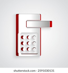 Paper cut Digital door lock with wireless technology for unlock icon isolated on grey background. Door handle sign. Security smart home. Paper art style. Vector