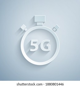Paper cut Digital speed meter concept with 5G icon isolated on grey background. Global network high speed connection data rate technology. Paper art style. Vector.