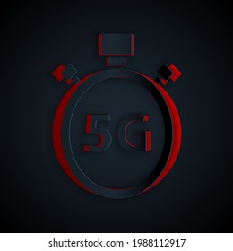 Paper cut Digital speed meter concept with 5G icon isolated on black background. Global network high speed connection data rate technology. Paper art style. Vector