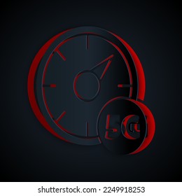 Recorte de papel Concepto de medidor de velocidad digital con icono 5G aislado en fondo negro. Tecnología de velocidad de datos de conexión de alta velocidad de red global. Estilo de arte de papel. Vector