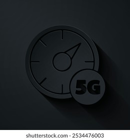 Concepto de medidor de velocidad digital con icono 5G aislado sobre fondo negro. Tecnología de velocidad de datos de conexión de red global de alta velocidad. Estilo de arte de papel. Vector