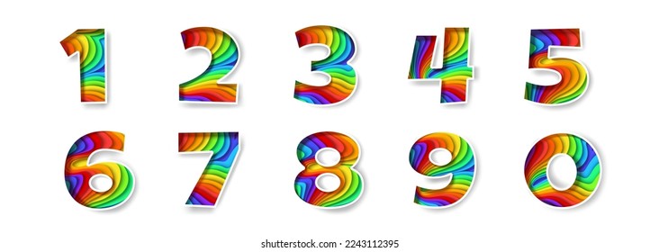Paper cut digits set vector. Isolated numbers in origami style on white background. Festive color 0 1 2 3 4 5 6 7 8 9 figures for birthday or wedding anniversary