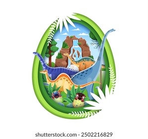 Paper cut dino egg with funny dinosaurs or Jurassic lizards in jungles park, cartoon vector. Kids prehistoric dinosaurs banner with cute baby dino hatching from egg of titanosauria or apatosaurus