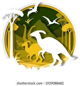 Silhouettes de papel cortado de dino y paisaje natural. Parasaurolophus, brachiosaurus dinosaur y pteranodon reptile volador, ilustración vectorial. Educación infantil. Arqueología, historia.