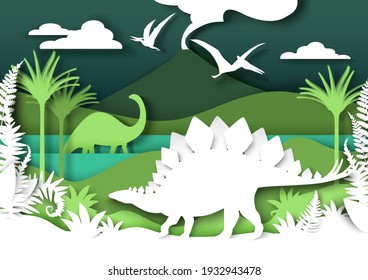 Paper cut dino silhouettes and nature landscape. Stegosaurus, brontosaurus dinosaur, pteranodon flying reptile, vector illustration. Kids education. Archeology, history.