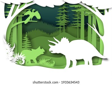 Paper cut dino silhouettes and nature landscape. Triceratops dinosaur, vector illustration. Kids education. Archeology, history.