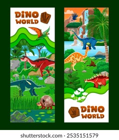 Paper cut dino world banners with prehistoric dinosaur characters at tropical landscape with lush greenery, rocky terrain and waterfalls. Vector vertical cards showcasing a lively prehistoric world