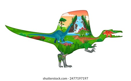 Paper cut dinosaur character 3d vector silhouette with tyrannosaurus, arrhinoceratops, ankylosaurus and brontosaurus dino species at prehistoric landscape with waterfall, mountains and lush greenery