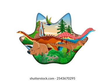 Papier geschnitten Dinosaurier Fußabdruck mit Cartoon prähistorischen Dino Tiere und Reptilien. Vektor 3D-Papierschnitt Rahmen von Dinosaurier-Fußabdruck mit Tyrannosaurus Rex, Triceratops und Dicraeosaurus Dino-Zeichen