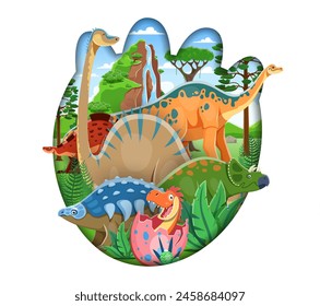 Huella de dinosaurio cortada en papel con caracteres de dinosaurio en bosque tropical. Dibujos animados lindo triceratops, estegosaurio y bebé dinosaurio en huevo, brontosaurio divertido y brachiosaurio, paisaje de la naturaleza prehistórica