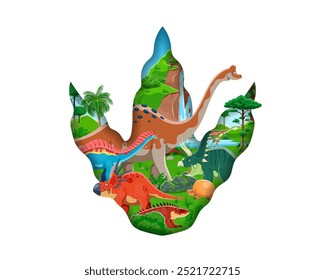 Huella de dinosaurio cortado en papel con divertidos personajes de dinosaurio. Marco de Vector 3D aislado en forma de pata de dinosaurio con garras llenas de animales prehistóricos en el antiguo paisaje jurásico con plantas de la selva