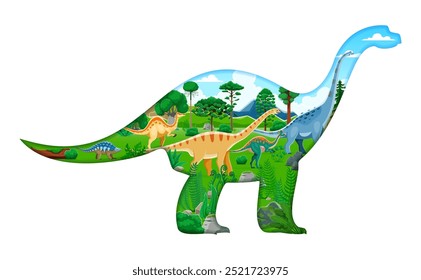 Dinosaurio cortado en papel con paisaje prehistórico en el interior y personajes de dinosaurios de la era jurásica, Vector de dibujos animados. Dinosaurio prehistórico como marco recortado con panoplosaurus, lambeosaurus y lagartos deinocheirus