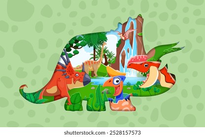 Silueta de dinosaurio cortado en papel con personajes de dinosaurios en el bosque de la selva, Anuncio de Vector. Lagartos de dinosaurios de dibujos animados divertidos prehistóricos de la era jurásica en el bosque para niños dino park o atlas de paleontología