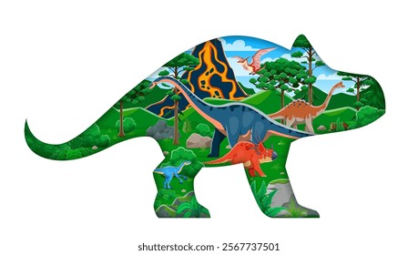 Paper cut dinosaur silhouette with prehistoric landscape. Jurassic dinosaurs paper cut vector banner. Styracosaurus, eoraptor, shunosaurus, pelorosaurus, pteranodon reptile animal cute characters