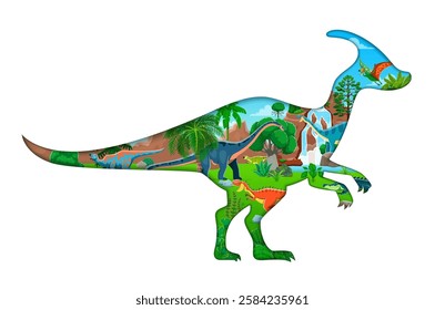 Paper cut dinosaur silhouette with prehistoric landscape and dino species roam amidst lush foliage, waterfalls and hills. 3d vector frame in shape of parasaurolophus dinosaur with ancient environment