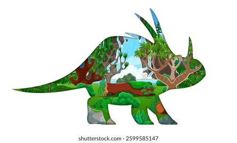 Paper cut dinosaur silhouette with prehistoric landscape inside. Jurassic styracosaurus dino animal vector 3d paper cut silhouette with cartoon jungle forest landscape of tropical trees and waterfall