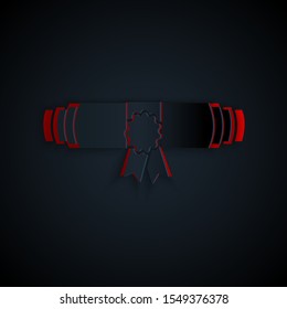 Paper cut Diploma rolled scroll with stamp and ribbon icon isolated on black background. Paper scroll with wax seal. Business certificate. Paper art style. Vector Illustration