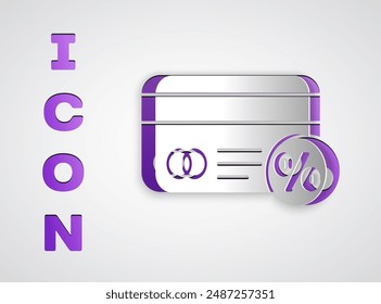 Paper cut Discount card with percent icon isolated on grey background. Loyalty points card. Paper art style. Vector Illustration
