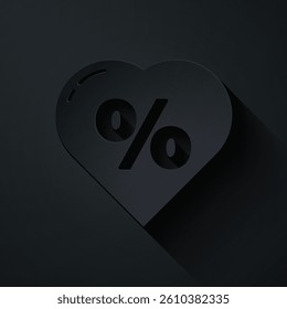 Paper cut Discount percent tag in heart icon isolated on black background. Shopping tag sign. Special offer sign. Discount coupons symbol. Paper art style. Vector Illustration