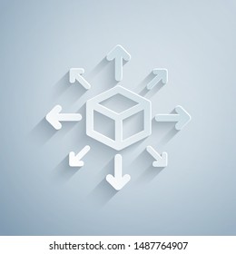 Paper cut Distribution icon isolated on grey background. Content distribution concept. Paper art style. Vector Illustration