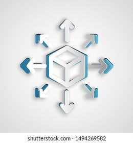 Paper cut Distribution icon isolated on grey background. Content distribution concept. Paper art style. Vector Illustration
