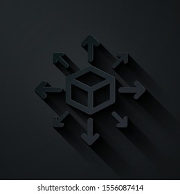 Paper cut Distribution icon isolated on black background. Content distribution concept. Paper art style. Vector Illustration
