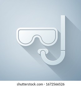 Paper cut Diving mask and snorkel icon isolated on grey background. Extreme sport. Diving underwater equipment. Paper art style. Vector Illustration