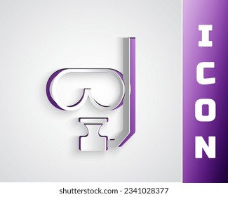 Paper cut Diving mask and snorkel icon isolated on grey background. Extreme sport. Diving underwater equipment. Paper art style. Vector