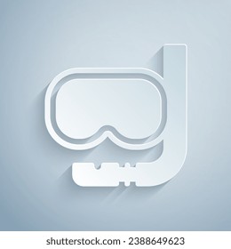 Paper cut Diving mask and snorkel icon isolated on grey background. Extreme sport. Diving underwater equipment. Paper art style. Vector