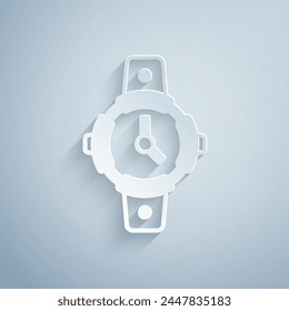 Paper cut Diving watch icon isolated on grey background. Diving underwater equipment. Paper art style. Vector