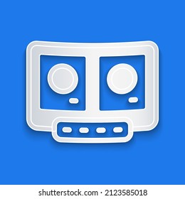 Control remoto de DJ de corte de papel para reproducir y mezclar ícono de música aislado en fondo azul. Mezclador DJ con reproductor de vinilo y mando a distancia. Estilo de arte de papel. Vector