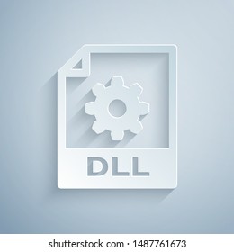 Paper cut DLL file document. Download dll button icon isolated on grey background. DLL file symbol. Paper art style. Vector Illustration