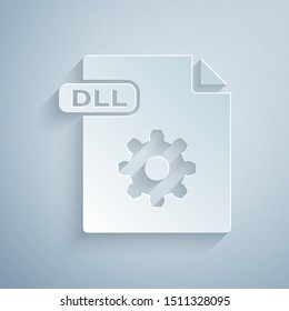 Paper cut DLL file document. Download dll button icon isolated on grey background. DLL file symbol. Paper art style. Vector Illustration