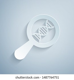 Paper cut DNA research, search icon isolated on grey background. Magnifying glass and dna chain. Genetic engineering, cloning, paternity testing. Paper art style. Vector Illustration