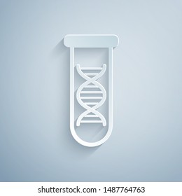 Paper cut DNA research, search icon isolated on grey background. Genetic engineering, genetics testing, cloning, paternity testing. Paper art style. Vector Illustration