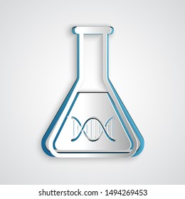 Paper cut DNA research, search icon isolated on grey background. Genetic engineering, genetics testing, cloning, paternity testing. Paper art style. Vector Illustration