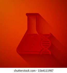 Paper cut DNA research, search icon isolated on red background. Genetic engineering, genetics testing, cloning, paternity testing. Paper art style. Vector Illustration