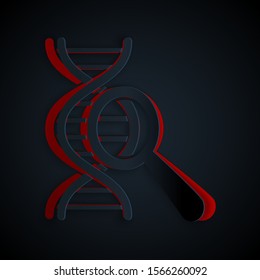 Paper cut DNA research, search icon isolated on black background. Magnifying glass and dna chain. Genetic engineering, cloning, paternity testing. Paper art style. Vector Illustration