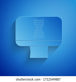 Paper cut DNA spiral and computer monitor icon isolated on blue background. Polygonal medical technology research mesh art. Paper art style. Vector Illustration