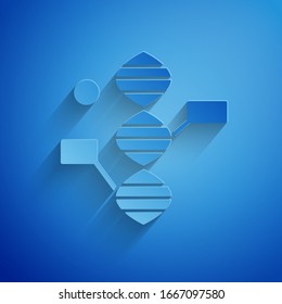 Paper cut DNA symbol icon isolated on blue background. Paper art style. Vector Illustration