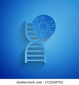Paper cut DNA symbol and virus icon isolated on blue background. Paper art style. Vector Illustration