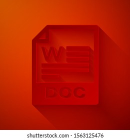 Paper cut DOC file document. Download doc button icon isolated on red background. DOC file extension symbol. Paper art style. Vector Illustration