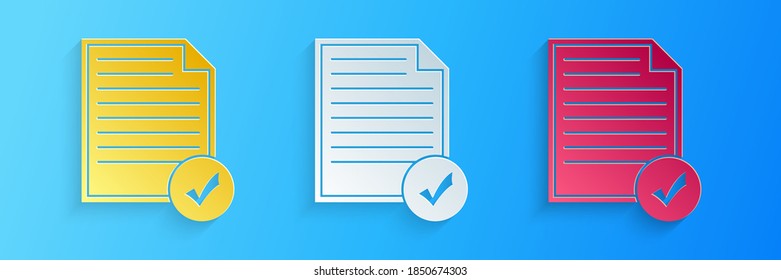 Paper cut Document and check mark icon isolated on blue background. Checklist icon. Business concept. Paper art style. Vector.