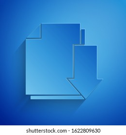 Paper cut Document with download icon isolated on blue background. File document symbol. Paper art style. Vector Illustration